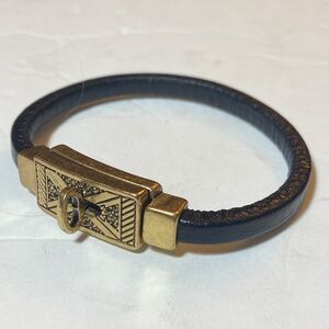 Lucky Brand Black Leather Bracelet w/Brass Decorative Turn Lock Rhinestone Clasp